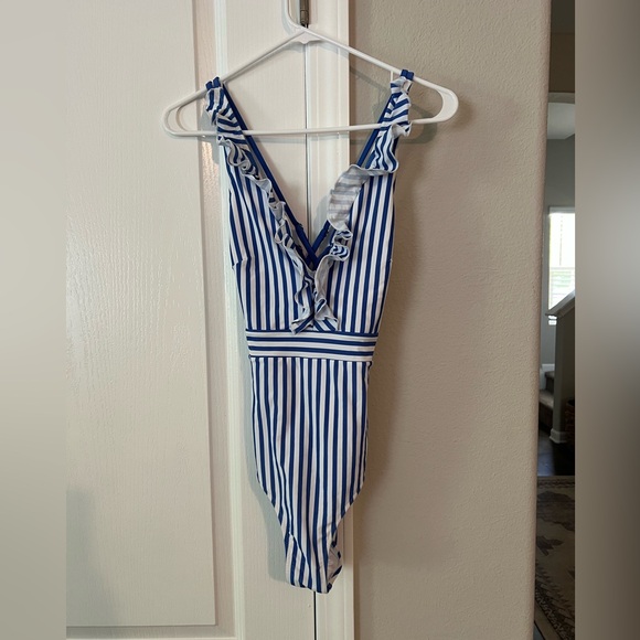 Blue and White Striped Women’s Swimsuit - Picture 2 of 3